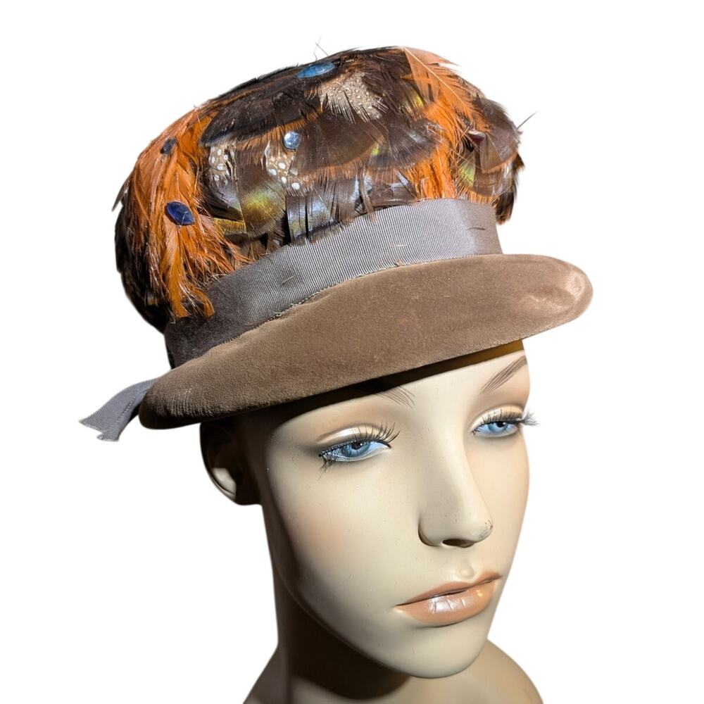 Vintage 50s Sears Fashion Millinery Feather cloche Hat Brown Orange Mid-Century